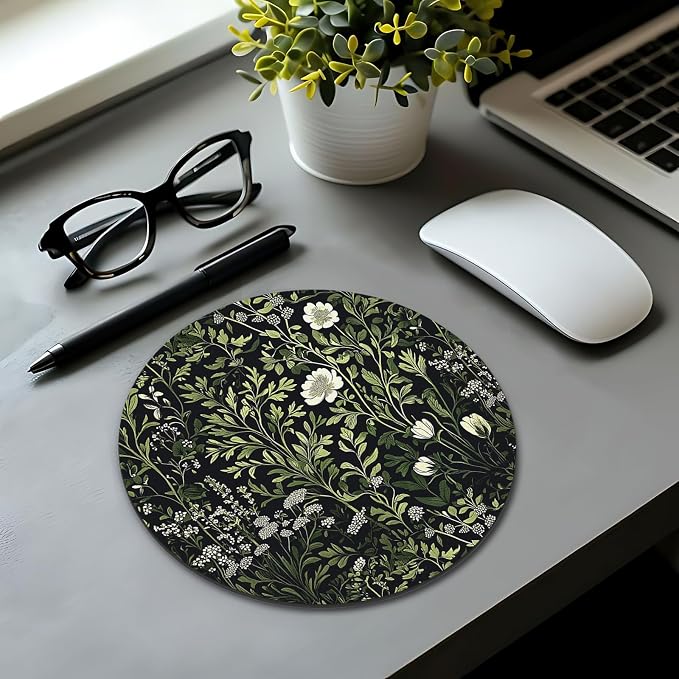 Floral Green Plant Mouse Pad, Vintage White Flower Botanical Cottagecore Mousepad Mouse Mat with Non-Slip Rubber Base for Home Office Desk Accessories, Green Office Supplies, 7.9x7.9 Inch