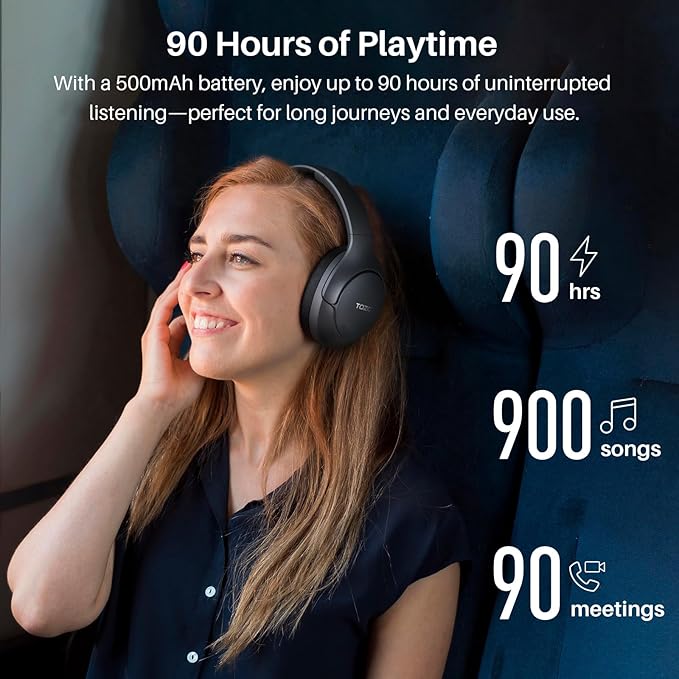 TOZO HT3 Hybrid Noise Cancelling Headphones, 90H Battery Life Wireless Over Ear Bluetooth 6.0 Foldable Headset, AI Voice Assistant with 5 Mics, Connect 2 Devices and Hi-Res Sound, 32 EQ Audio Presets