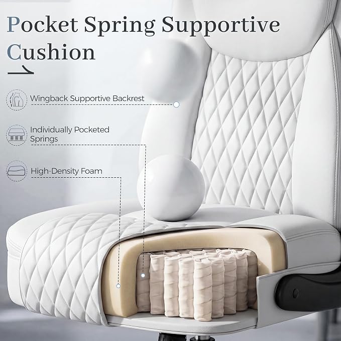 GTPOFFICE Executive Office Chair with Comfortable Lumbar Support, Ergonomic Gaming Chair with Flip-up Armrests & Zoned Pressure-Relief Cushion, Comfy PU Leather Desk Chair, White