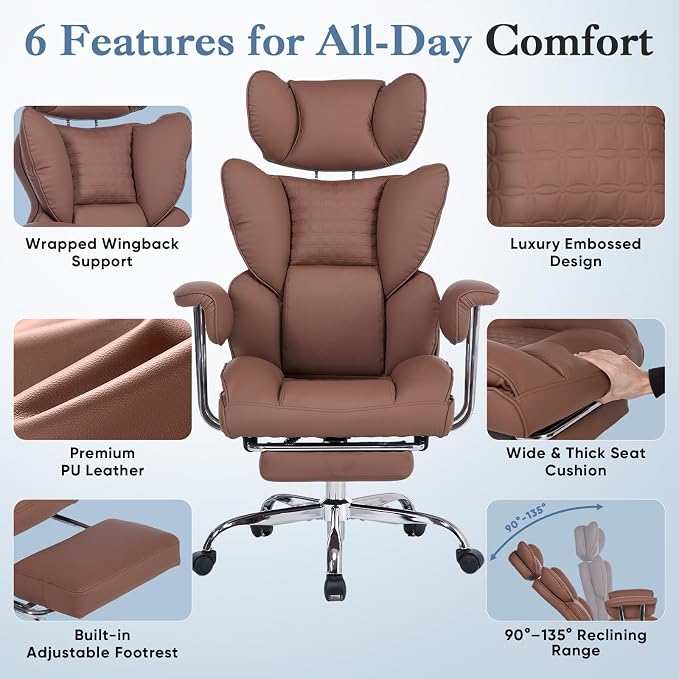 DUMOS Big and Tall Home Office Desk Chair, Executive Chair with Footrest | Scratch-Resistant PU Leather, Ergonomic Reclining, Pocket Spring Support, 400 LBS Weight Capacity, Brown