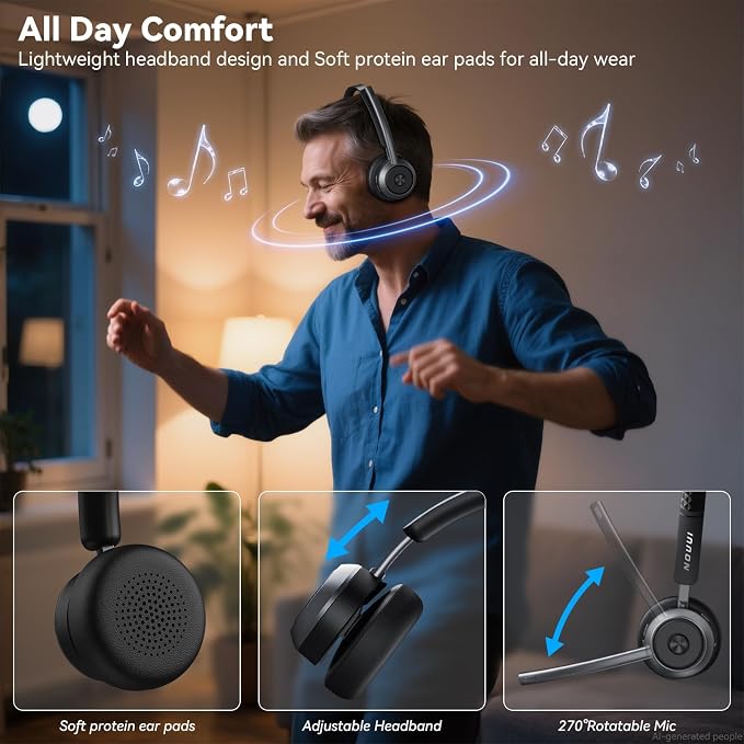 Wireless Headset with Mic for Work, Wireless Headphones with Mic(Noise Cancelling & Mute Button),65H Battery with Charge Base Bluetooth Headset with Microphone for PC/Call Center/Computer/Zooms/Teams
