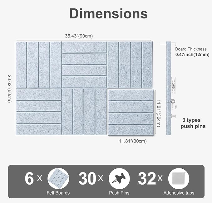 0.47" Thick Felt Wall Tiles 36"x24" Cork Board Alternative 6 Pack 11.81"x11.81"Felt Bulletin Board Pin Board with Removable Adhesive Tape&30 Pushpins for Home Office School(Bold-Silver Grey)