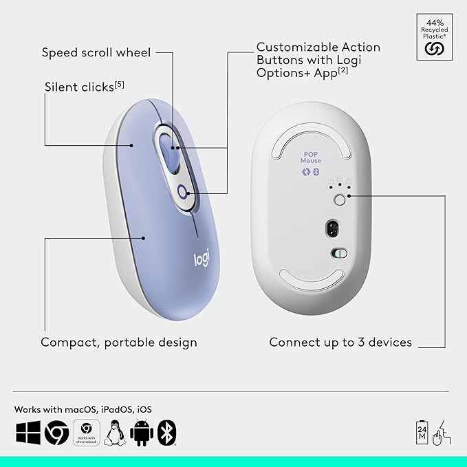 Logitech POP ICON Combo, Bluetooth Keyboard and Mouse Combo, Comfortable Typing, programmable Keys and Buttons, Quiet clicks, Easy-Switch up to 3 Devices - Lilac