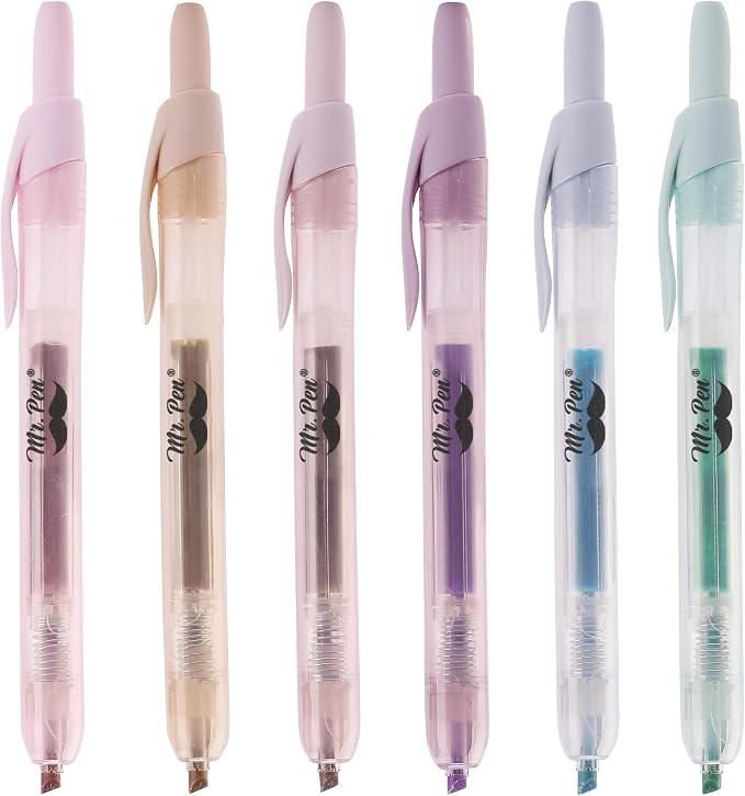 Mr. Pen- Retractable Highlighters, 6 Pack, Muted Pastel Colors | Chisel Tip Highlighter Marker Set, Click Highlighter Markers for Classroom, Journaling, Study Supplies