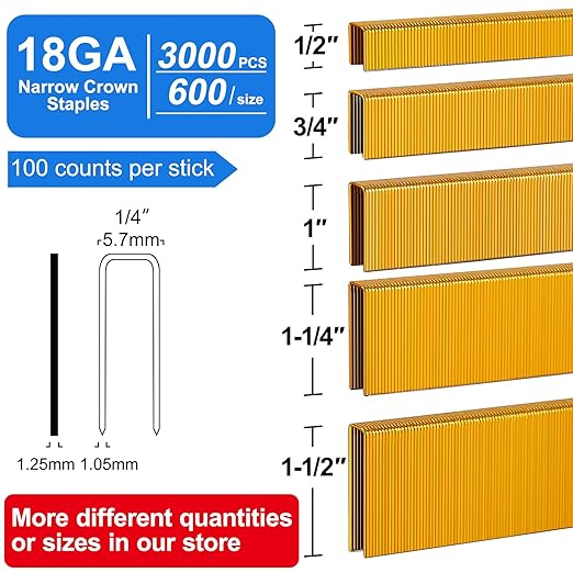 18 Gauge 1/4" Narrow Crown Staples (1-1/2",1-1/4" 1", 3/4", 1/2"), Galvanized Assorted Sizes for 18 GA Pneumatic or Electric Stapler or Staple Gun,Project Pack (Assembly 3000)