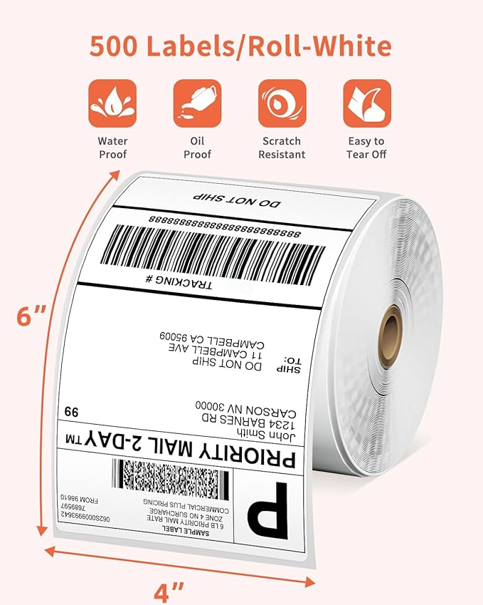 Phomemo Thermal Labels 4x6 for Shipping Packages, Direct Printer Label Paper 4x6 Shipping Labels Compatible with Rollo Zebra Btother MUNBYN Phomemo Nelko Omezizy, 500 pcs Shipping Seals Sticker