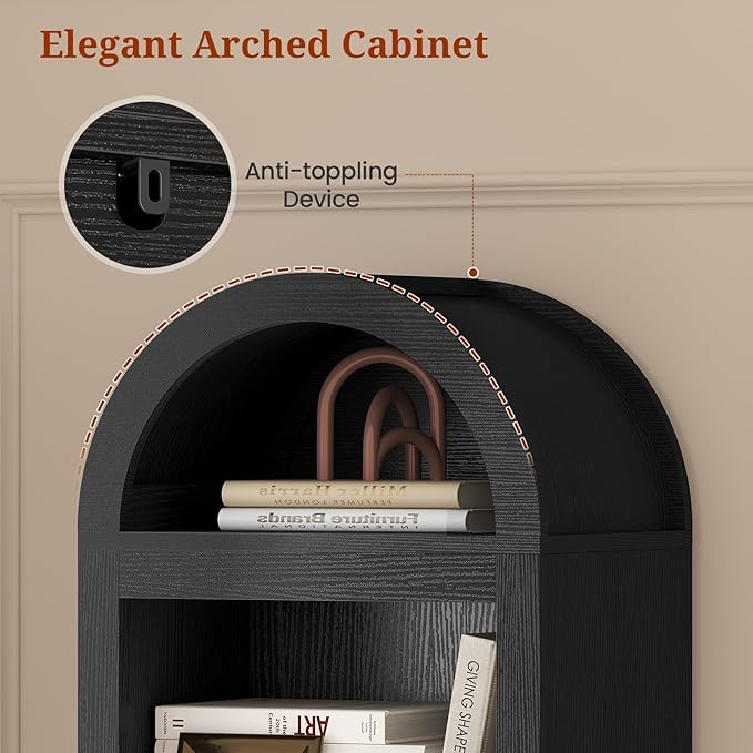 76" Tall Narrow Arched Bookcase,7-Teir Mid-Century Modern Bookshelf,Adjustable Shelves offering More Storage Space for Living Room,Kitchen,Home Office,Black