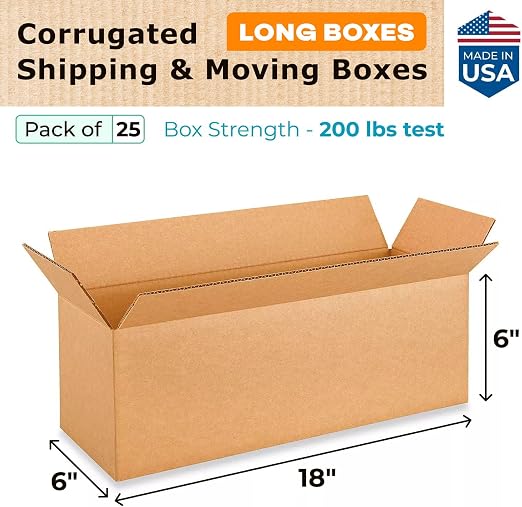 Long Moving & Shipping Boxes 18"L x 6"W x 6"H (25-Pack) - Extra Strength 200 lb vs Regular - Corrugated Boxes for Packaging Moving Stuff - Box for Packaging - Heavy Duty Box by IDL Packaging | Extra Strength 200 lb vs Regular - Corrugated Box for Packa...