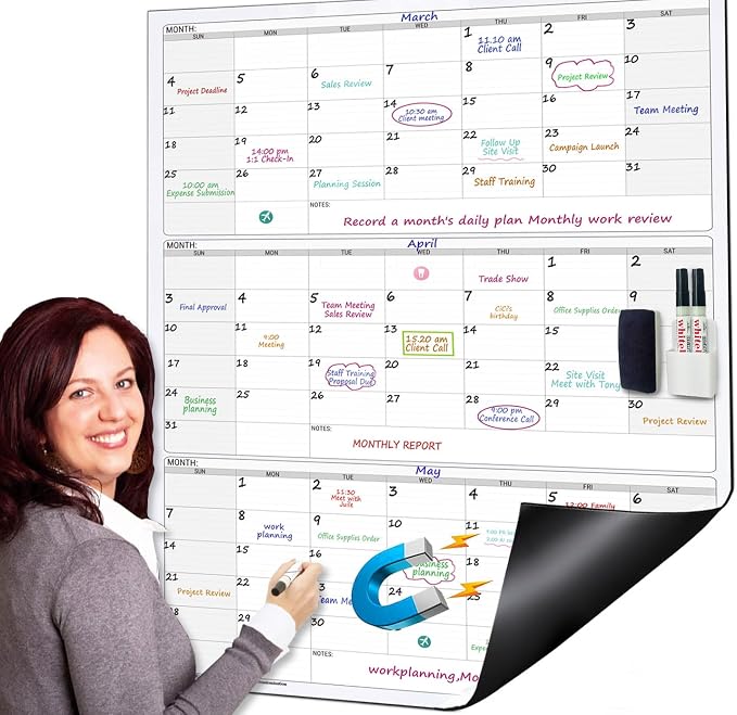 Magnetic Dry Erase Board Calendar 3 Month,46 x 63in Large Magnetic Calendar | Oversized Vertical Reusable Three Monthly White Board Calendars,Giant Huge Jumbo Blank 90 Day Scheduling Planner For Office