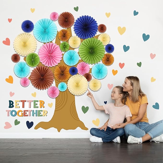 62 Pcs Boho Tree Bulletin Board Set for Spring Classroom 3D Tree Bulletin Board DIY Paper Fans Heart Cutouts Better Together Wall Decor for Home School Classroom Teacher Chalkboards Supplies