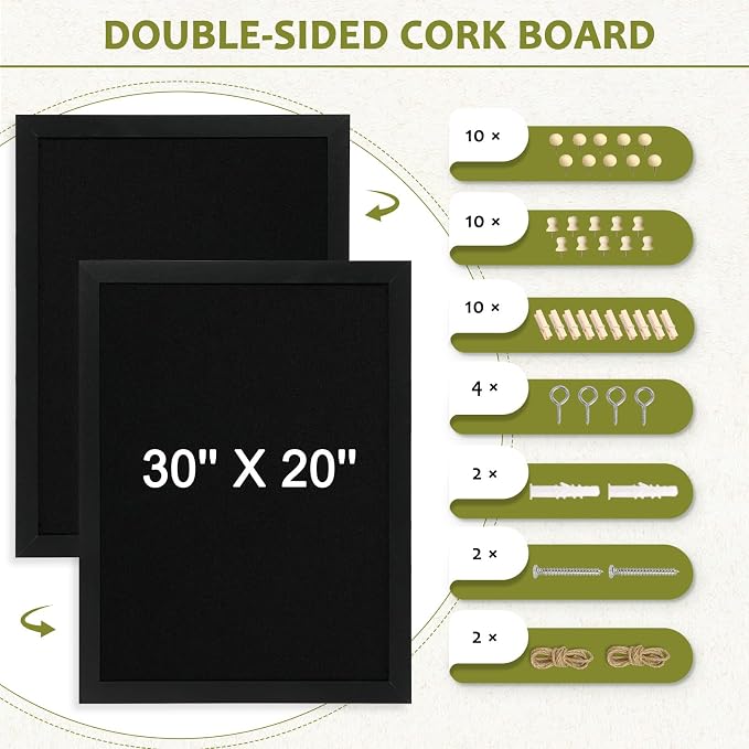 Double-Sided Wood Framed Cork Board with Linen, 30" x 20"（Black） | Hanging Large Bulletin Board, Picture Display Vision Board Kit Corkboards for Wall Room School Office Decor, 20 Pushpins