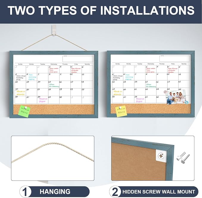 Whiteboard Calendar, 24x18 Hanging Dry Erase Calendar for Wall | Magnetic, With Cork Board, Hangable, Wooden Frame, Ideal for Dorm Room, Office, Kitchen, Bedroom, Home, School, Classroom
