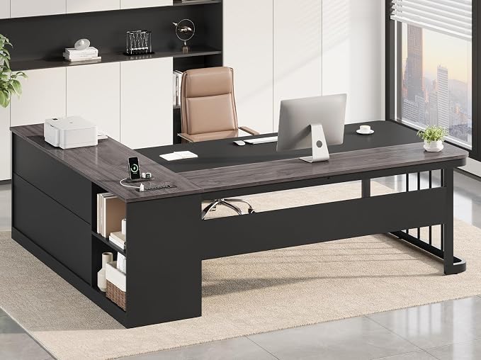 71" Executive Desk, Large Office Desk with Drawers & Storage Shelves, Modern L Shaped Computer Desk Corner Desk with Power Outlets, File Cabinet, Business Furniture Desk Workstation (Grey)