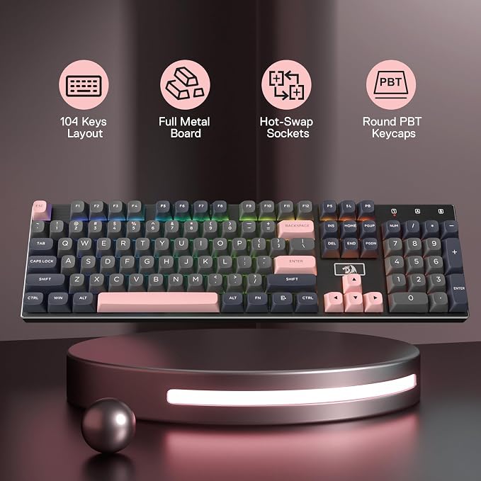 Redragon K556 Wired RGB Mechanical Gaming Keyboard, 104-Key Aluminum Board | Rock-Solid Metal Build, 20 Backlits for Immersive ESports Vibe, Hot-swap Creamy Custom Linear Switch, PBT Round Keycaps