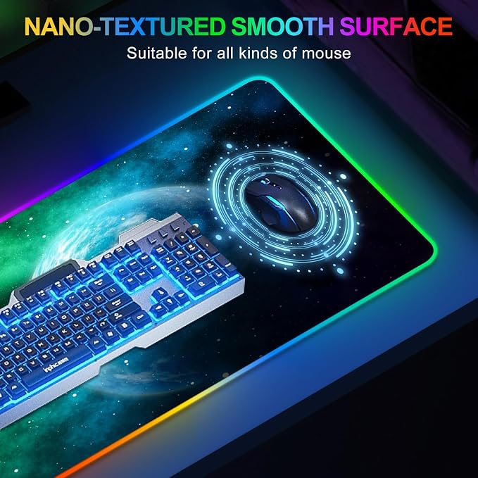 Large RGB Gaming Mouse Pad, Led Big Mouse mat with 14 Light Modes, Extended Soft Computer Keyboard Mat Non-Slip Rubber Base, Green Planet Nebula