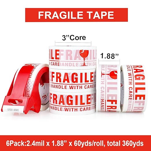 BOMEI PACK 6 Rolls Fragile Tape 2 Inch x 180 Feet (60 Yards) - Handle with Care Marking Tape, Fragile Packing Tape with Dispenser - Heavy Duty Fragiles Tape for Shipping and Moving Boxes