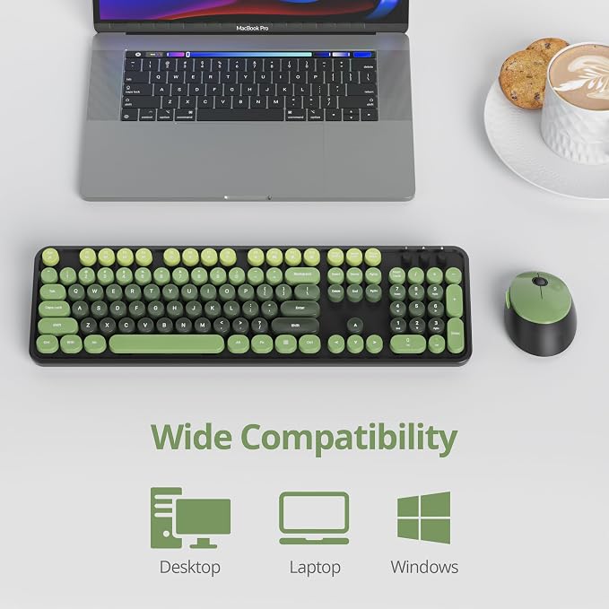 Guffercty kred Dark Green Keyboard and Mouse Wireless, Retro Typewriter Cute Colorful Wireless Keyboard Full-Size 2.4GHz with Round Keycaps for Desktop Laptop and PC(Black Green)