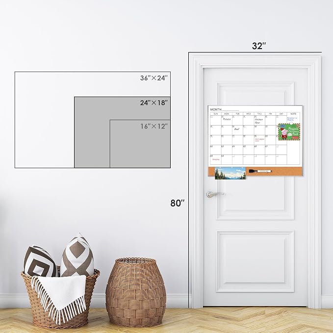Dry Erase Calendar with Cork Board for Wall | 24"x 18" Magnetic Calendar Whiteboard with Silver Frame, Monthly Combination Board for School, Home, Office