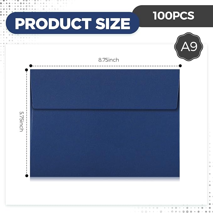 Harloon 100 Pcs A9 Invitation Envelopes 5.75 x 8.75 Inch Self Adhesive Wedding Invitation Envelopes Paper Greeting Card Envelope for Photos Letters Baby Shower Office 110 Gsm Paper(Navy Blue)