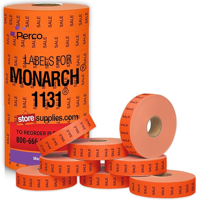Perco Sale Fluorescent Red Pricing Labels for Monarch 1131 Price Gun - 1 Sleeve, 8 Rolls, 20,000 Price Marking Labels - with Ink Roll Included