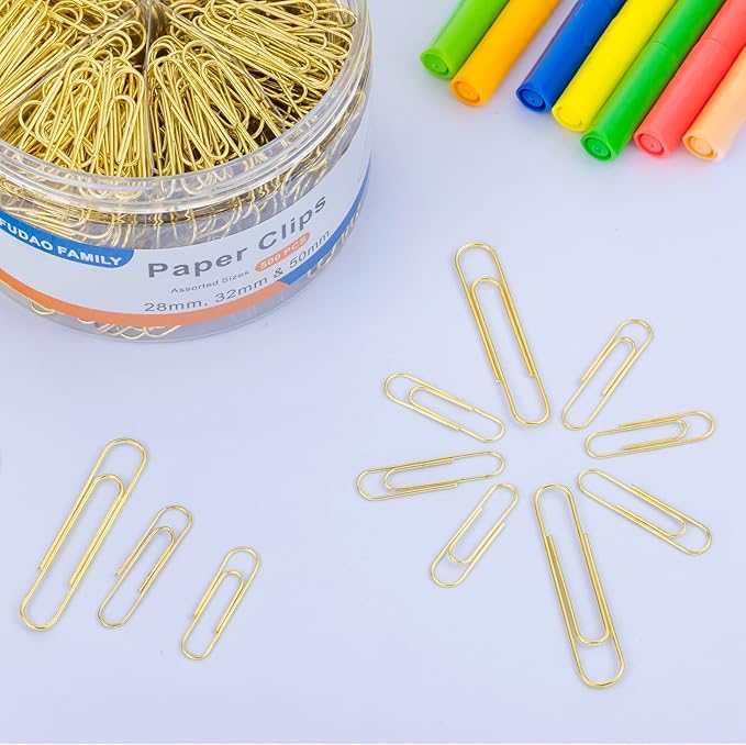 FUDAO FAMILY Assorted Sizes Paper Clips, 500 PCS - Gold, Small, Medium, Large