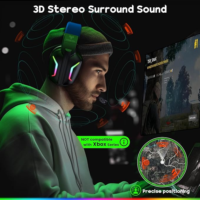 Wireless Gaming Headset for PS5, PS4, PC, Laptop, Mac & Switch, Dual Low-Latency 2.4GHz USB/Type-C, Bluetooth Gaming Headphones with ENC Mic for Gamecube Accessories,3D Stereo,Colorful Light