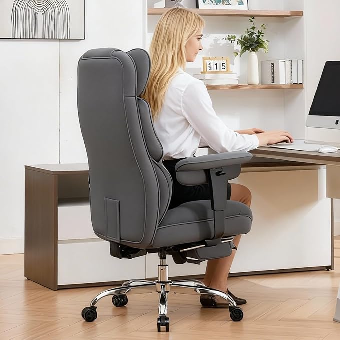Efomao Executive Office Chair, Bluegrey Fabric Big and Tall Desk Chair | Breathable fabric, pocket spring & foam seat, retractable footrest, 135° recline for computer gaming setup