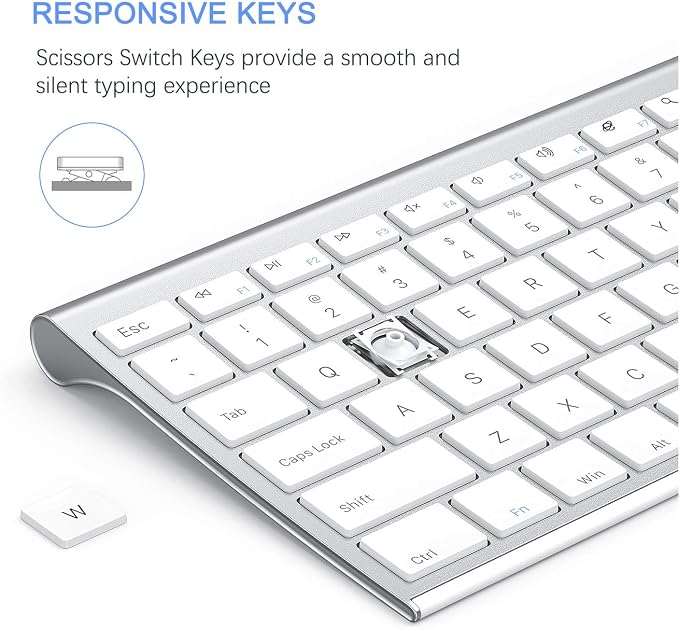 Vssoplor Wireless Keyboard and Mouse, Rechargeable Ultra Slim, White Silver | Quiet Full-Size Keyboard and Mouse Combo Set, for Laptop, PC, Notebook, Desktop, 2.4GHz Stable Connection, Ideal for Office