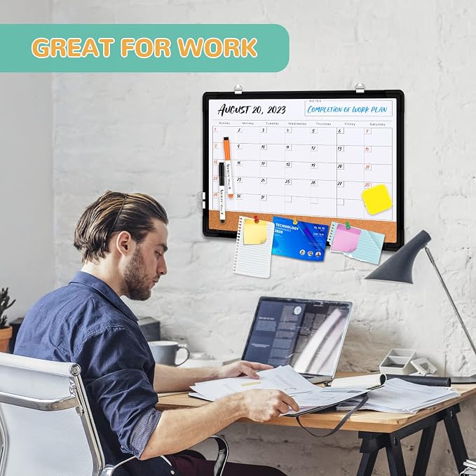Monthly Calendar Whiteboard for Wall, Dry Erase Board with Cork Board Combo | 17"x13" Small Magnetic White Board, Double-Sided Hanging Board for Office Home, Portable Board for Planner Memo, Black