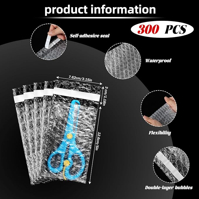Frienda 300 Pcs Self Adhesive Bubble Bags Packing Pouches, 3" X 5" | Double Wall Clear Protective Wrap, Shockproof for Small Business Shipping Packaging, Cushioned Fragile Items Protection