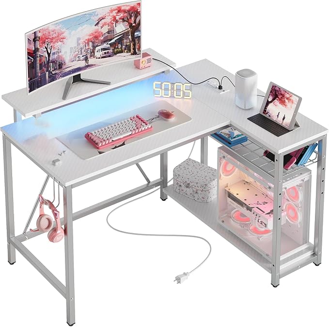 Bestier 42-Inch L-Shaped Computer Desk with Charging & LED, White | Charging 2AC+USB+Type-C, RGB LED 7 Colors/22 Modes, Reversible Storage Shelves, Headphone Hook, Small Space, 42x31.5 in