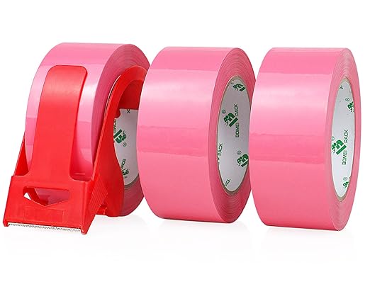 BOMEI PACK Pink Packing Tape with Dispenser, 2.4 Mil 1.88 Inch x 110 Yards, 3 Refills Rolls Color Box Tape for Moving, Shipping and Packaging