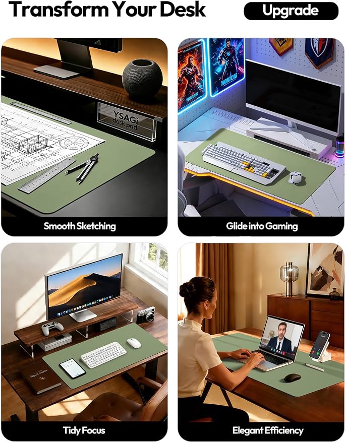YSAGi Leather Desk Protector, Office Mat, Large Mouse Mat, Non-Slip PU Leather Blotter, Laptop Desk Mat, Waterproof Writing Pad for Office and Home(Bamboo Green, 63" x 24")