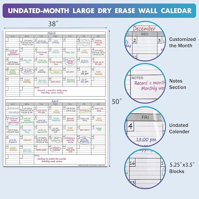 Large Dry Erase Board Calendar for Wall,Jumbo 2 Month Whiteboard 38 x 50 in | Extra Large Giant Huge Two Monthly Laminated Erasable Schedule,Big Oversized 60 Days Reusable Vetical Blank Poster for Family