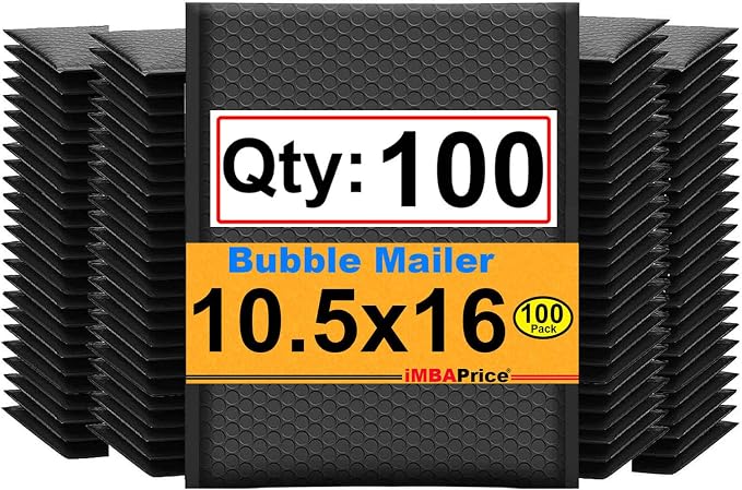 iMBAPrice 10.5x16 Inch Black Poly Bubble Mailers, 100-Pack – Large Self-Seal Padded Envelopes, Waterproof Bubble Shipping Bags for Tablets, Books & Mailing Supplies