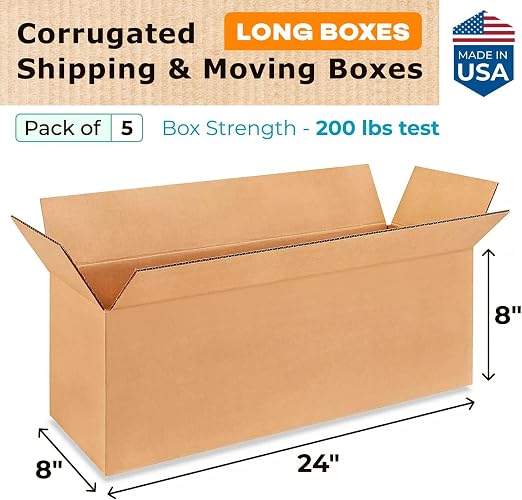 Long Moving & Shipping Boxes 24 x 8 x 8 inches (5-Pack) - Extra Strength 200 lb vs Regular - Corrugated Cardboard Boxes for Delivery - Long Box for USPS - Box to Pack Moving by IDL Packaging | Extra Strength 200 lb vs Regular - Corrugated Cardboard Box...