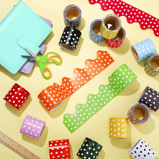 18 Rolls 300 Feet Bulletin Board Borders in 18 Colors, Scalloped Rolled Bulletin Board Trim for Wall Classroom School Office DIY Decoration(Polka Dots,Multicolored)
