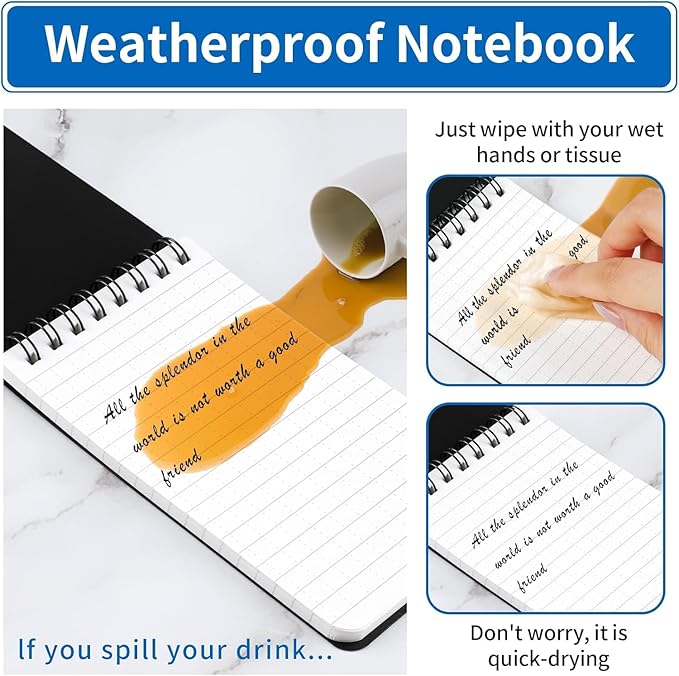 6 Pack Waterproof Notebook, 3 x 5 Pocket Notepad, Top-Spiral Weatherproof NotePad, All Weather Police Pocket Notebook Little Memo Steno Note Pads for Outdoor Office School Recording