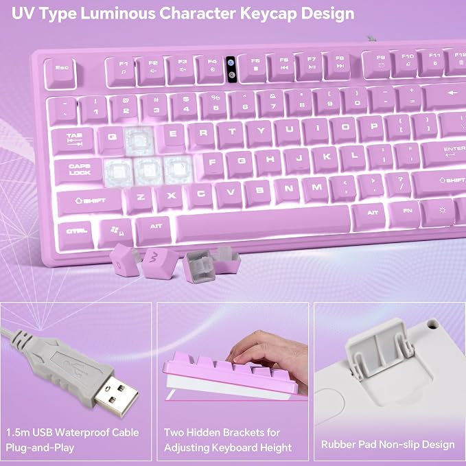 CHONCHOW LED Keyboard and Mouse Combo,Wired 87 Key | Mechanical Feel Anti-ghosting Backlight Keyboard with Multimedia Keys for Windows, Mac Desktop/Laptop/PC (Purple)
