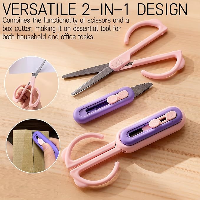 Magnetic Scissors and Box Cutter Set - Retractable Utility Knife with Serrated Blade, Non-Stick Fluorine Coating, Safe and Always Handy for Kitchen and Office Use (Pink Purple)