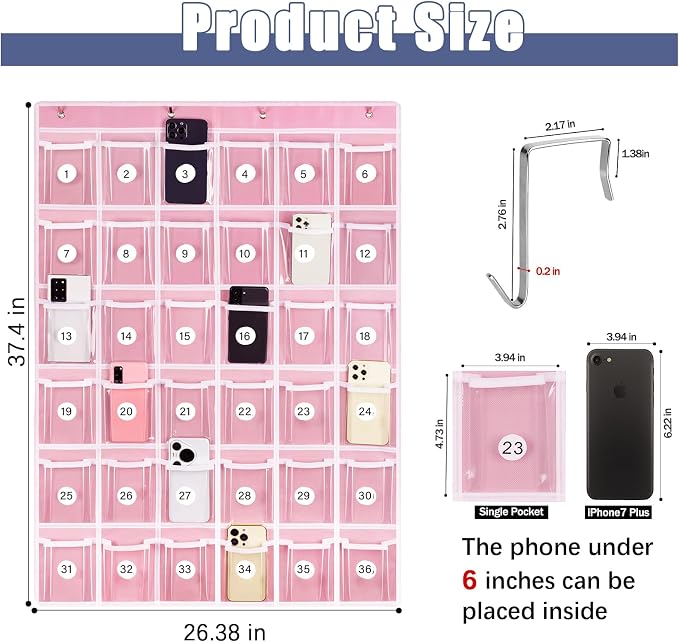 Loghot 36 Clear Pockets Classroom Pocket Charts for Cell Phone Holder | Phone Pocket with 36 Numbered Stickers & 4 Metal Hooks, Wall Door Mount Multi-Purpose Hanging Pocket Organizer for Classroom