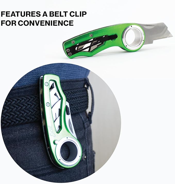 Excel Blades Revo Folding Utility Knife – Heavy-Duty Box Cutter with Aluminum Body, Quick-Change #92 Blades, 3 Lock Positions Design, Anti-Slip Finger Loop Grip, Holster Included – Green