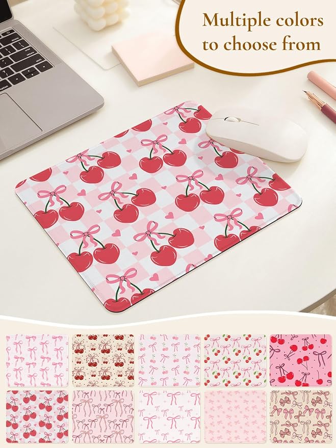 Cute Mouse Pad Red Cherries Pink Bow Heart Plaid Mousepad, Waterproof Mouse Mat Design Cloth, Non-Slip Rubber Base Computer Funny Mouse Pads, Small Mouse Pad Desk Accessories