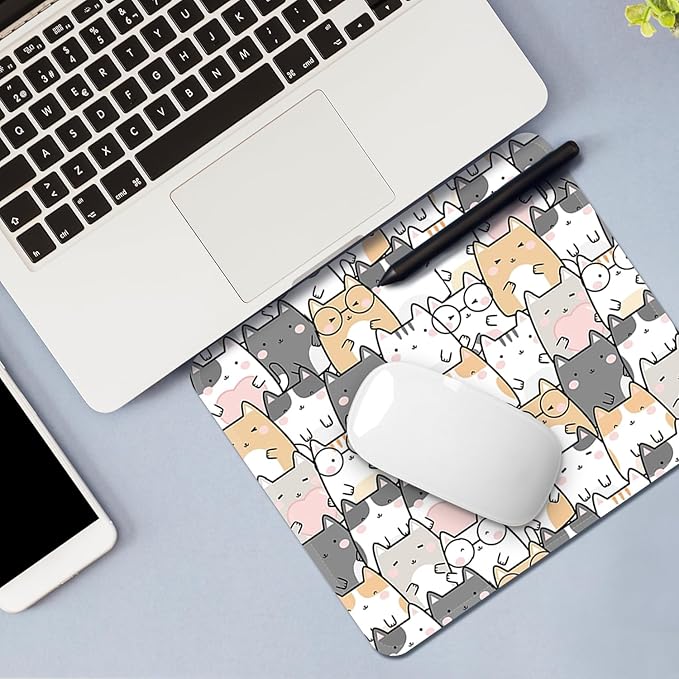 Mouse Pad with Stitched Edges - Cute Cat Mousepad for Women, 9.25 x 7.75 inch Washable Square Desk Pad, Non-Slip Rubber Base, Office Home Laptop Accessories - Cute Cats