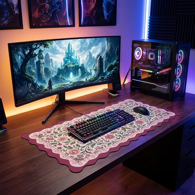 Vintage Floral Scalloped Mouse Pad Pink Olive Botanical Olive Vine XL Mouse Pad Large Mousepad Extended Laptop Keyboard Mat Gaming Desk Pad Office Computer Keyboard Laptop Home 31.5"x15.7"