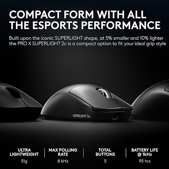 Pro X Superlight 2c Wireless Gaming Mouse: 51g Compact Mini Size, Symmetrical Shape, <8 kHz Polling, 44K DPI, PowerPlay Wireless Charging Supported, USB-C, 5 Programmable Buttons, For PC/Mac - Black