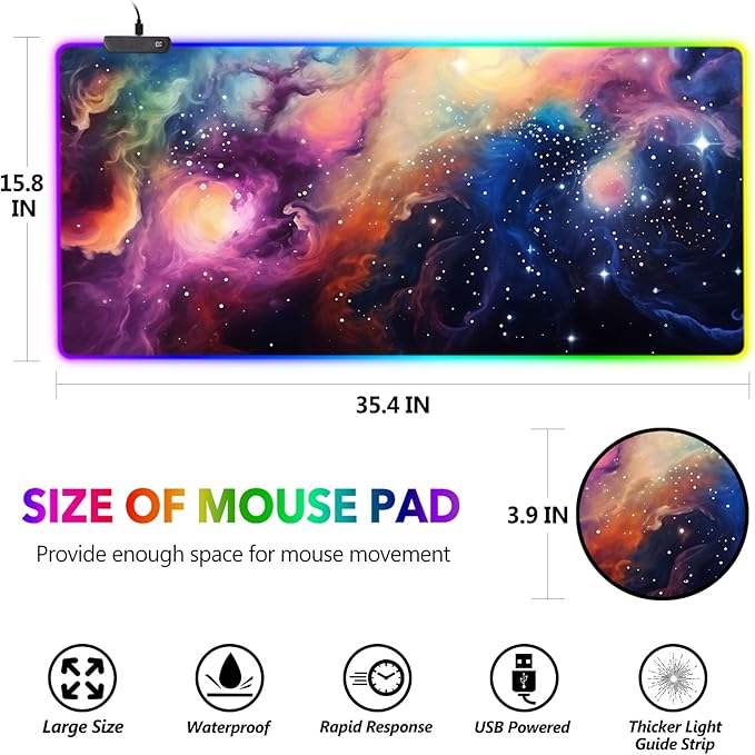 AIMSA RGB Mouse Pad LED Gaming Mouse Pad with 14 Lights Modes, Non-Slip Rubber Base Computer Carpet Desk Mat for PC Laptop (35.4 x 15.8 inch) Colorful Ink Starry Sky