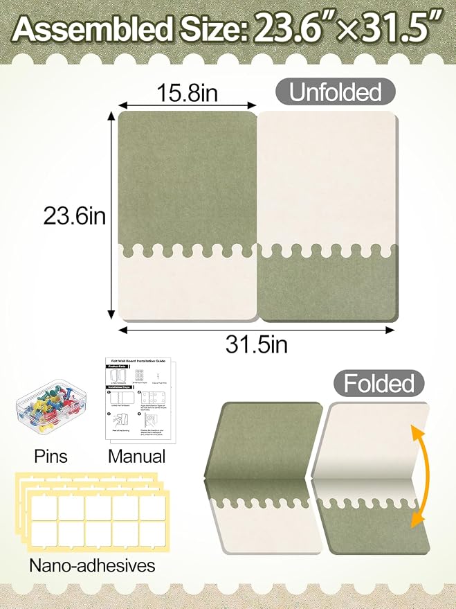 2Pcs Thickened Felt Bulletin Board for Home Office Wall Decor, 23.6x15.8in | Create a Comfy, Personalized Office, 2-Tone Vision Pin Board with Pins & Nano Tapes, Cork Boards Alternative, Sage/Camel