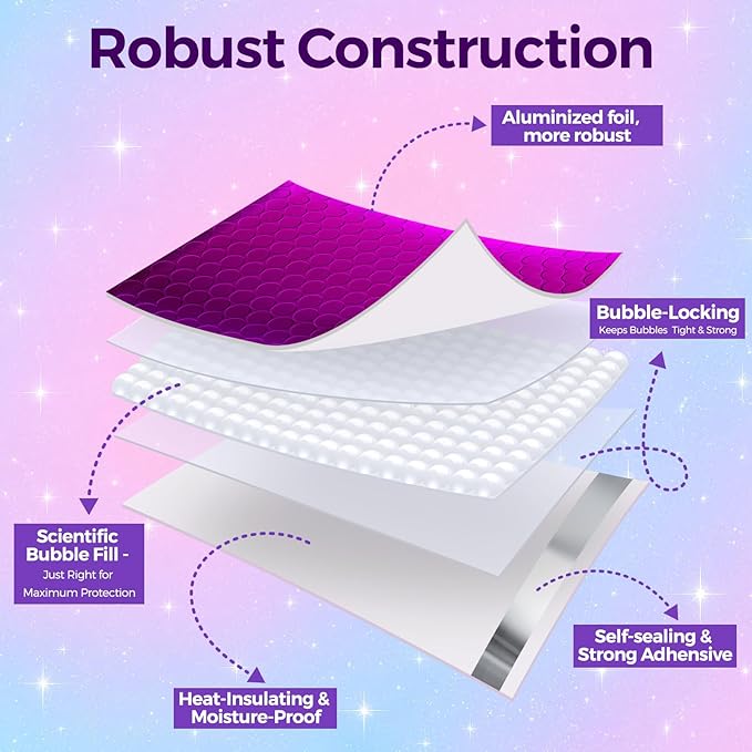 Fuxury Foil Bubble Mailers 4x8" 50 Pack,Sturdy Padded Envelopes Usable Size 4x7",Strong Adhesion Bubble Shipping Envelopes,Thick Opaque Shipping Bags for Mailing Jewelry Makeup Gift Small Item Purple