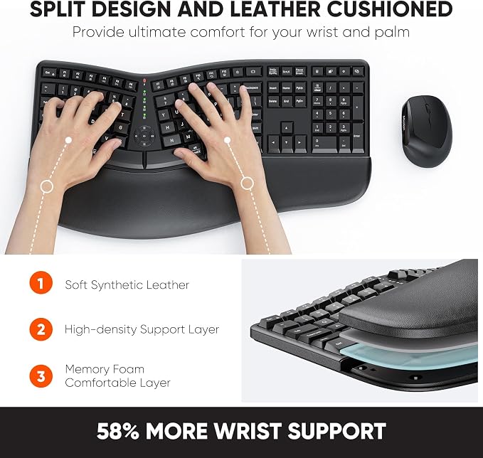 MEETION Ergonomic Keyboard and Mouse Combo, Split Design, Vertical Mouse | Rechargeable full-size keyboard with cushioned wrist rest, 2.4GHz USB receiver, natural typing, for Windows, Mac, PC, laptop